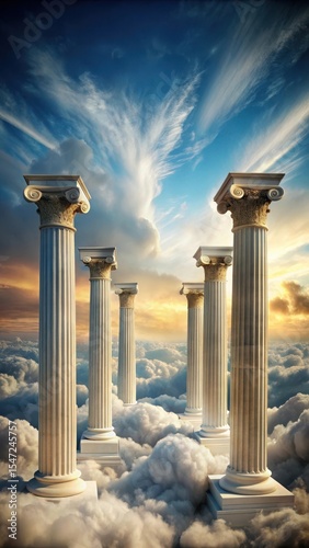 Ancient Greek marble columns stand atop a cloud-softened Olympian stage amidst divine deities