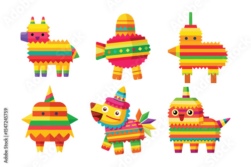 Collection of colorful pinata illustrations with various animal shapes and festive designs