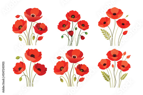 Collection of six stylized red poppy flower arrangements on white backgrounds for various designs