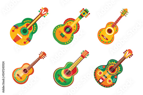 Colorful and decorative vector illustrations of traditional mexican acoustic guitars isolated