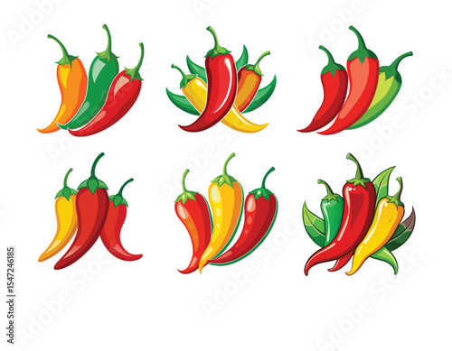 Colorful chili pepper illustrations in different arrangements isolated on white background