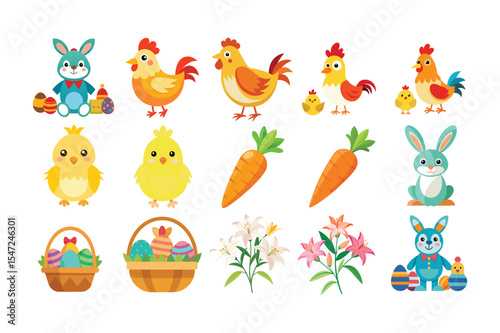 Colorful easter holiday elements including bunnies chickens eggs carrots and flowers in vector illustration