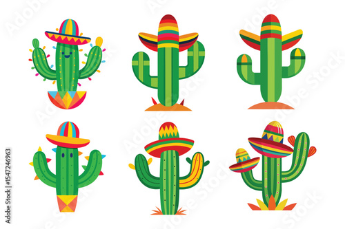 Playful vector illustration showcasing six charming mexican cacti wearing colorful sombreros and celebrating.