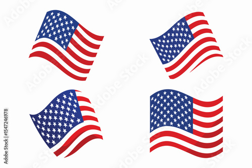 Set of stylized american flags waving representing patriotism and national pride
