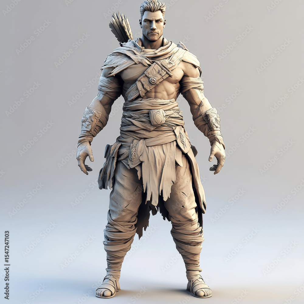 Fototapeta premium A detailed 3D model of a rugged warrior with tattered clothing and arm guards, holding arrows.