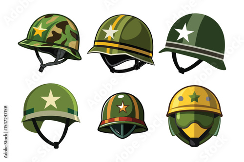 Six cartoon military helmets in various colors and designs isolated on white background