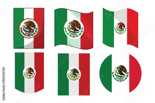 Six stylized mexican flags in different shapes and designs on a clean white background