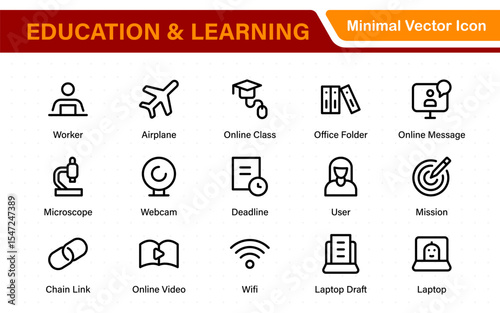 Education set of web icons in line style. Learning icons for web and mobile app. E-learning, video tutorial, knowledge, study, school, university, webinar, online education.