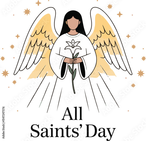 All Saints' Day: Peaceful Angel with Lily and Golden Stars