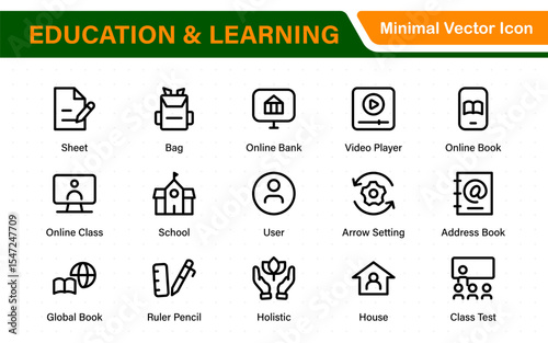 Education set of web icons in line style. Learning icons for web and mobile app. E-learning, video tutorial, knowledge, study, school, university, webinar, online education.
