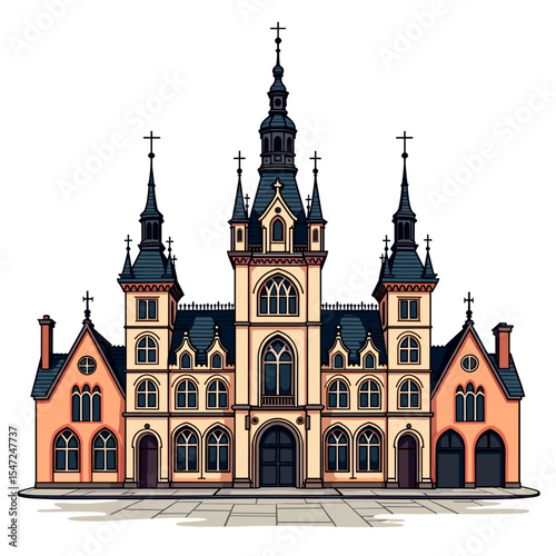 Detailed Illustration of a Grand European Building with Ornate Architecture and Towering Spires