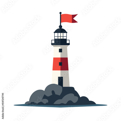 Vector Illustration of a Lighthouse on Rocks with Red Flag, Coastal Navigation and Maritime Safety