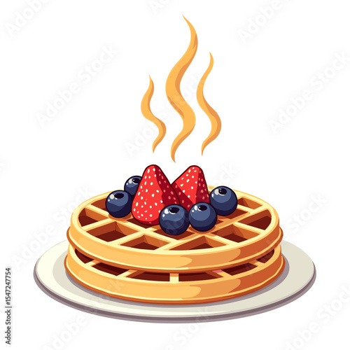 Delicious Waffles Stack with Fresh Strawberries and Blueberries Cartoon Illustration Still Life