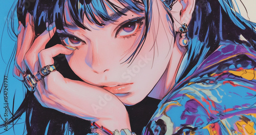 未来都市の片隅で息づく1980年代アニメ風レトロポップな女性キャラクターとカラフルサインボードが織り成すノスタルジック＆スタイリッシュなシーンイメージ素材