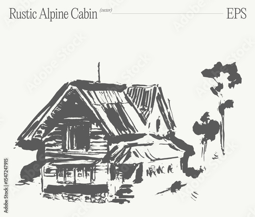 An illustration showcasing a cozy, rustic Alpine cabin set against a stunning mountain backdrop