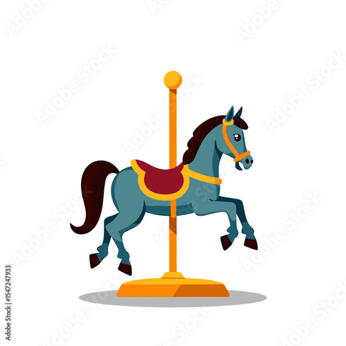 Cartoon Carousel Horse Vector Illustration with Blue Horse and Gold Pole on White Background