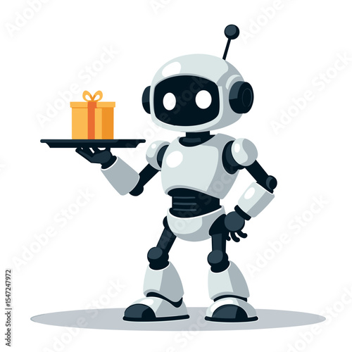 Cartoon Robot Butler Serving a Gift on a Tray Illustration, White Background