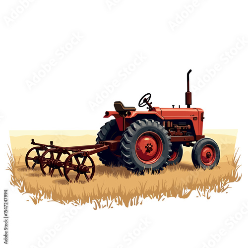 Red Tractor with Harrow in Field Illustration, Agricultural Machinery for Farming and Cultivation