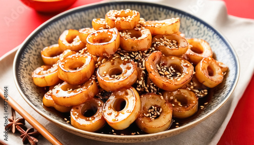 Delicious glazed lotus root slices with sesame seeds in blue ceramic bowl