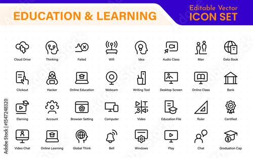 Education set of web icons in line style. Learning icons for web and mobile app. E-learning, video tutorial, knowledge, study, school, university, webinar, online education.