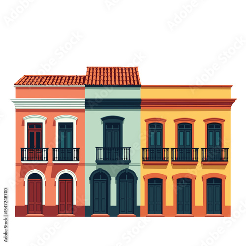 Colorful Colonial Buildings Vector Illustration: A Row of Historic Facades with Balconies and Ornate Details
