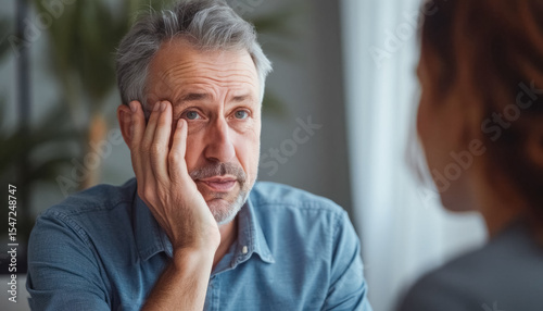 Mature caucasian man in conversation at home with female companion