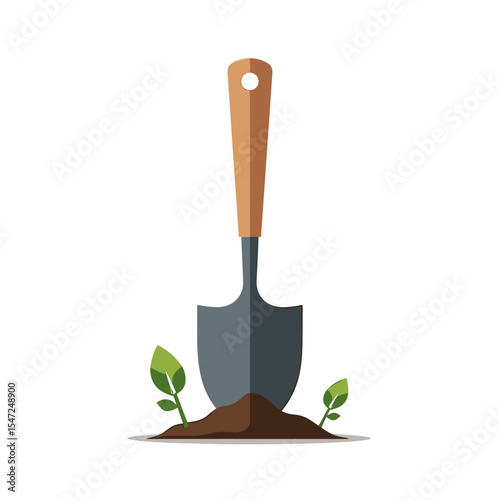 Illustration of a Gardening Shovel in Soil with Seedlings, Representing Growth and New Beginnings