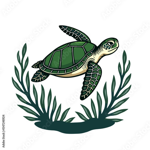Green Sea Turtle Swimming Gracefully in Ocean Waters Surrounded by Seaweed Illustration