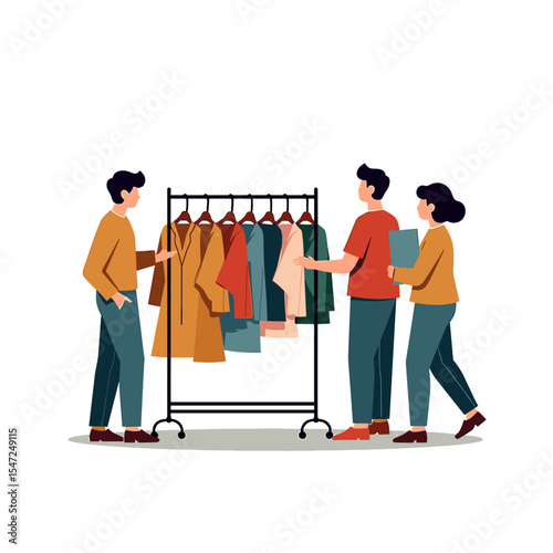 People Shopping for Clothes from a Clothing Rack in a Store Illustration