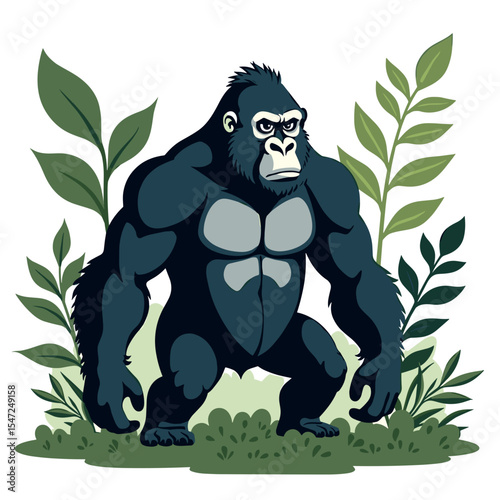 Cartoon Gorilla Standing Tall Among Lush Green Foliage, a Wildlife Illustration