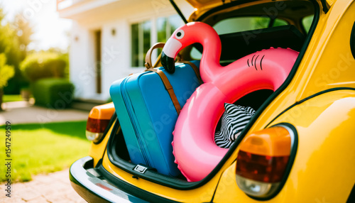 Vacation ready packed car trunk with flamingo float and blue suitcase