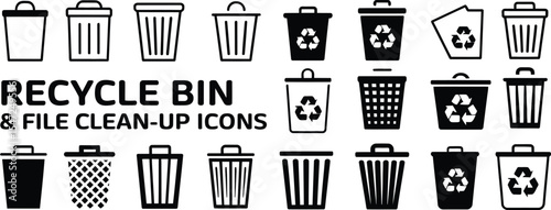 Recycle bin and file clean up icons isolated on white background