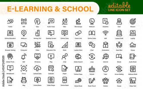 Education set of web icons in line style. Learning icons for web and mobile app. E-learning, video tutorial, knowledge, study, school, university, webinar, online education.