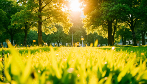 Sunlit park landscape with vibrant green grass and lush trees