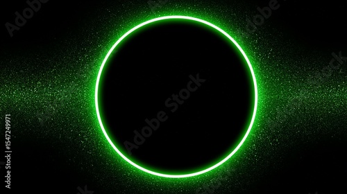 Circular neon green outline on a dark background with glittering particles.