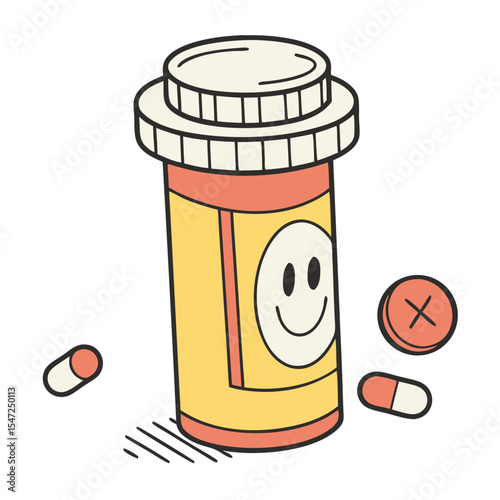 Cute cartoon pill bottle with smiley face and scattered capsules