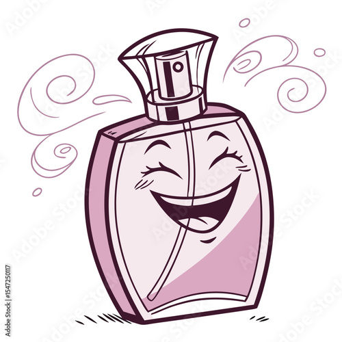 Playful cartoon perfume bottle character with smiling face and fragrance swirls