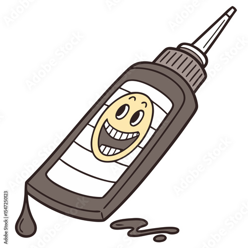 Funny cartoon glue bottle with smiley face and dripping liquid