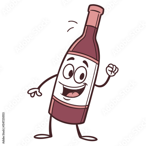Cheerful cartoon wine bottle character with smiling face and raised hand