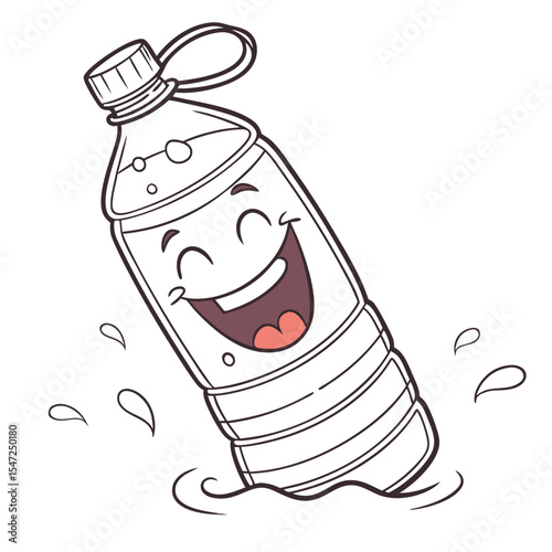 Smiling cartoon plastic water bottle character splashing with joyful expression