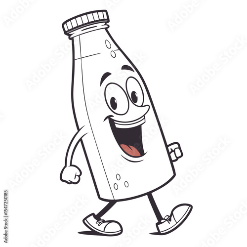 Happy cartoon milk bottle character walking with a cheerful expression