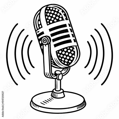 Vintage Retro Microphone Illustration, Broadcasting Sound Waves Design Element