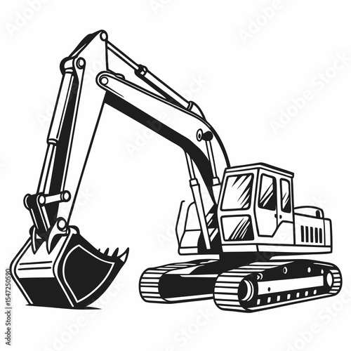 Black and White Illustration of an Excavator, Heavy Construction Equipment, Digger Machine