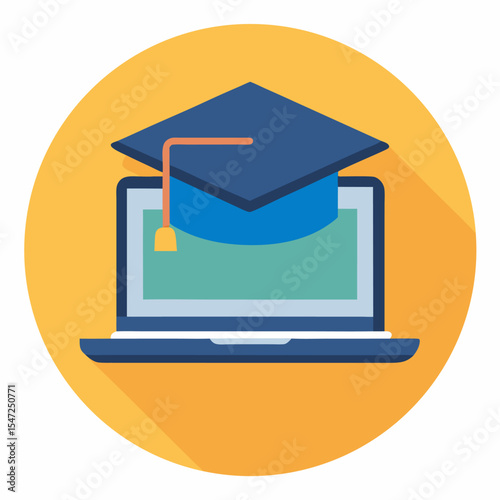 Graduation Cap on Laptop Online Education Icon, Flat Design