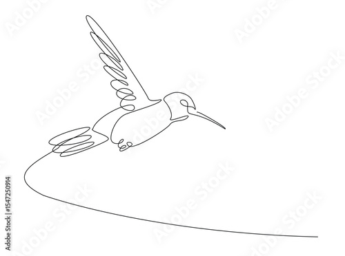 flying colibri or hummingbird in single outline illustration. Continuous line art drawing of hummingbird bird. Editable stroke.