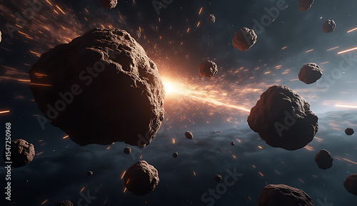 dramatic asteroid field in space, massive rogue planet surrounded by debris, epic science fiction space scene, highly detailed, volumetric lighting, cinematic composition, hyper-realistic, 8k, 