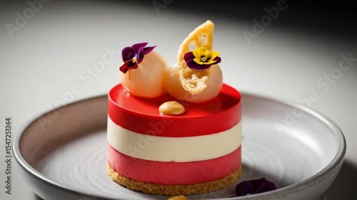 A beautifully presented dessert with layers of color, topped with fruit and edible flowers.