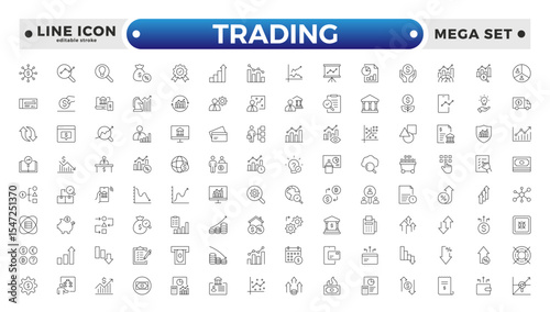 Trading Outline icon set. Containing Bank, Currency Exchange, Cheque, Security Guard, Money Transfer, Loan, Mobile Banking. Editable stroke outline icon.
