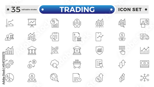 Trading Outline icon set. Containing Bank, Currency Exchange, Cheque, Security Guard, Money Transfer, Loan, Mobile Banking. Editable stroke outline icon.
