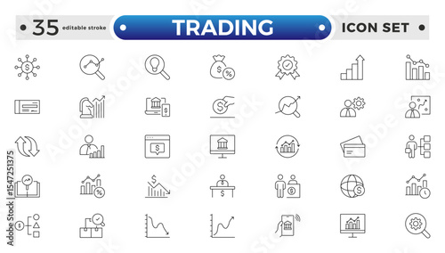 Trading Outline icon set. Containing Bank, Currency Exchange, Cheque, Security Guard, Money Transfer, Loan, Mobile Banking. Editable stroke outline icon.

